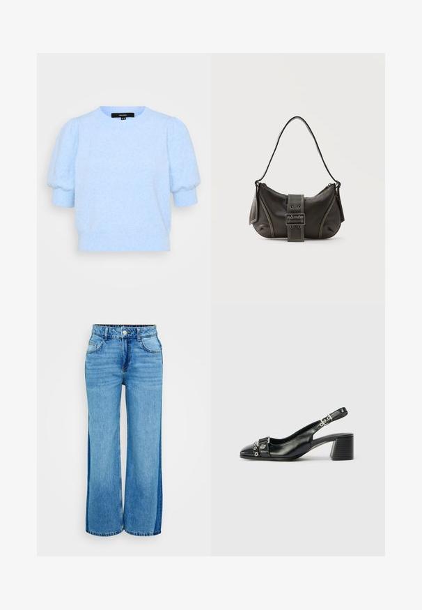 Vero Moda Petite VMDOFFY 2/4 O NECK - Βασικό μπλουζάκι - little boy blue melange; Φαρδιά τζιν παντελόνια σε ανοιχτό γαλάζιο χρώμα με ψηλή μέση, που διαθέτουν δύο μπροστινές τσέπες, κούμπωμα με κουμπί και αντίθετες πλαϊνές φάσες.; Μαύρο δερμάτινο τακούνι slingback με κοφτή μύτη, υφασμάτινη λωρίδα με κυκλικές μεταλλικές λεπτομέρειες και στιβαρό τετράγωνο τακούνι.; Μαύρη δερμάτινη τσάντα ώμου με λεπτομέρεια ιμάντα με πόρπη, καμπυλωτές άκρες και αντίθετη λευκή ραφή σε απλό φόντο.