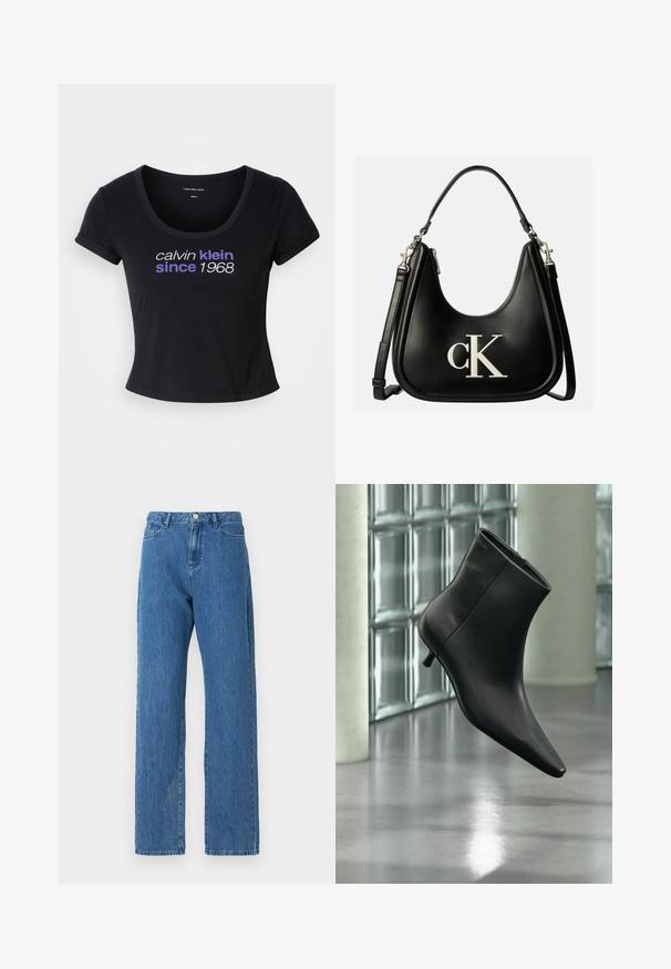 Μαύρο βαμβακερό T-shirt με εφαρμοστή σχεδίαση, στρογγυλή λαιμόκοψη, κοντά μανίκια και λευκό και μοβ κείμενο που γράφει "calvin klein since 1968."; Γαλάζιες τζιν παντελόνες με ψηλή μέση, φαρδιά πόδια και κλασικό σχέδιο πέντε τσέπες. Το ύφασμα διαθέτει μια διακριτική υφή.; Μαύρο δερμάτινο μποτάκι αστραγάλου με μυτερή μύτη και χαμηλό τακούνι τύπου kitten heel, εμφανίζεται σε γωνία μπροστά σε γυαλισμένο πάτωμα και τοίχο από γυάλινους τούβλους.; Μαύρη δερμάτινη τσάντα χειρός με ασημένιο λογότυπο "cK" μπροστά, με κοντή λαβή και μακρύτερο ρυθμιζόμενο ιμάντα ώμου.