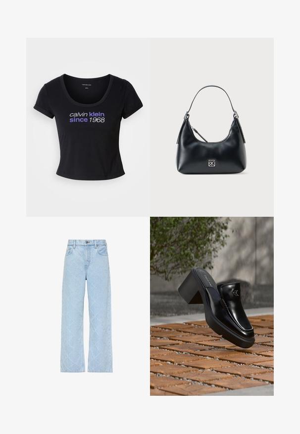 Čierne bavlnené tričko s priliehavým strihom, výstrihom v tvare lode, krátkymi rukávmi a bielym a fialovým textom "calvin klein since 1968."; Svetlomodré džínsové nohavice s vysokým pásom a širokými nohavicami, s jemným diamantovým prešívaným vzorom po celej ploche.; Čierne kožené šľapky Calvin Klein s blokovým podpätkom, ktoré oddychujú na drevených dlaždiciach vonku blízko zelenej rastliny a šedej steny.; Čierna kožená kabelka cez rameno s jedným uchom, zipsovým uzáverom a malým štvorcovým strieborným logom vpredu.