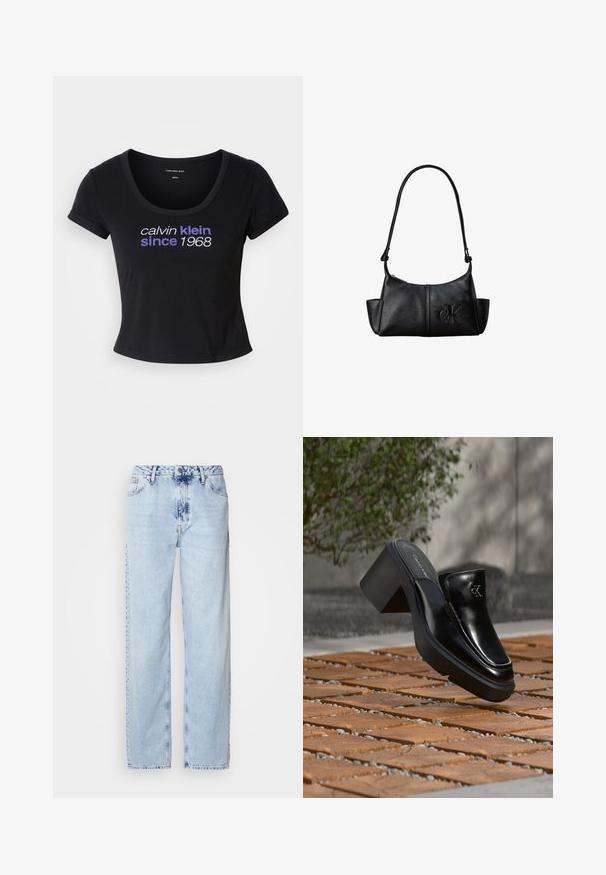 Must must värvi T-särk sobiva disainiga, ümar kaelus, lühikesed varrukad ning valge ja lilla tekstiga, mis ütleb "calvin klein alates 1968".; Heledad sinise värvi laiad teksad, mis on valmistatud denimist, kõrge vöökoht, pleekinud pesu ja peen tie-dye muster ettepoole.; Mustast nahast Calvin Kleini slip-on mules, millel on plokk-konts, toetub puitplaatidele õues, lähedal rohelisele taimele ja hallile seinale.; Mustast nahast õlakott pika sangaga, küljetaskute ja esiküljele pressitud Calvin Kleini logoga.