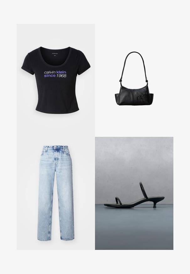 Schwarzes Baumwoll-T-Shirt mit taillierter Passform, Rundhalsausschnitt, kurzärmlig und mit weißem und lila Text, der "calvin klein seit 1968" zeigt.; Hellblaue High-Waist-Jeans mit lockerer Passform, geradem Bein, fünf Taschen und klassischem Knopf- und Reißverschluss.; Schwarze Calvin Klein Sandalette mit dünnen Riemen und Absatz, balanciert auf Holzfliesen im Freien neben einer Wand und Grünpflanzen.; Schwarze Leder-Schultertasche mit langem Träger, Seitentaschen und eingeprägtem Calvin Klein-Logo auf der Vorderseite.