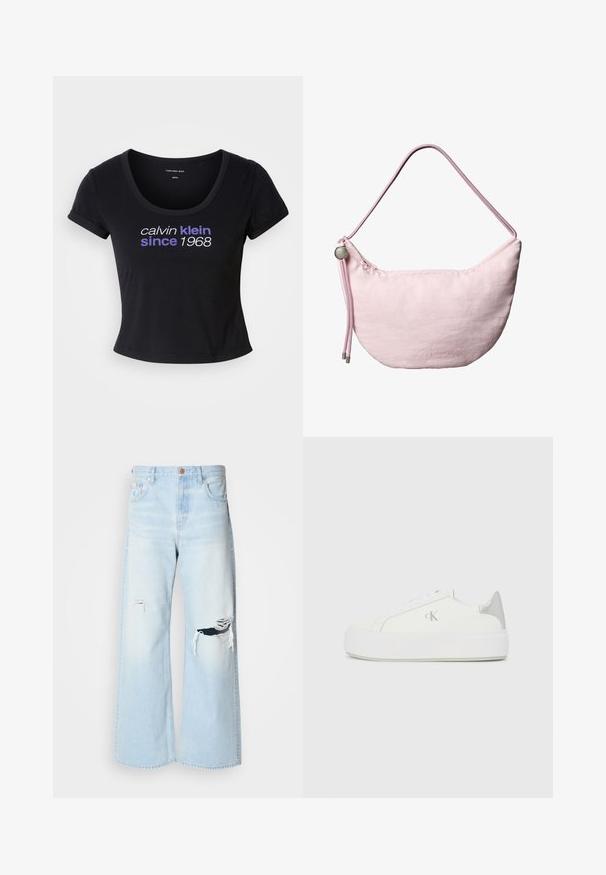 Čierne bavlnené tričko s priliehavým strihom, výstrihom v tvare lode, krátkymi rukávmi a bielym a fialovým textom "calvin klein since 1968."; Svetlomodré široké džínsy vyrobené z denimovej látky, so zvýšeným pásom, veľkými trhlinami na kolenách a klasickým dizajnom s piatimi vreckami a medenými kovovými prvkami.; Biele plátené tenisky s hrubou bielou podrážkou, so strieborným kovovým akcentom na päte a jemným logom na boku.; Mäkká ružová ramenná taška v tvare polmesiaca s nastaviteľným popruhom zo šnúry, kovovým zarážkou a nenápadným vyrazeným logom „cK“ na prednej stredovej časti.