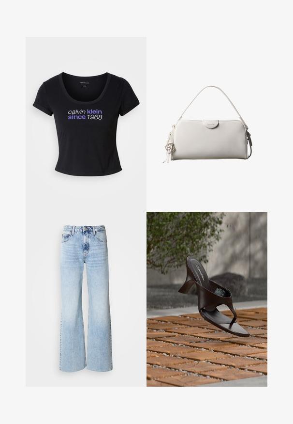 Schwarzes Baumwoll-T-Shirt mit taillierter Passform, Rundhalsausschnitt, kurzärmlig und mit weißem und lila Text, der "calvin klein seit 1968" zeigt.; Helle blaue, weite Jeans mit verblasster Denim-Textur, hoher Taille und klassischem Fünf-Taschen-Design. Mit Knopf- und Reißverschluss.; Braune Calvin Klein Sandalette mit Absatz und Zehensteg, schwebend über einem Boden aus Holzfliesen und Kies im Freien, mit verschwommenem Grün und Stein im Hintergrund.; Weiße rechteckige Calvin Klein Handtasche mit einem einzelnen Henkel, minimalistischem Design und dekorativen Quasten mit geometrischem Metallanhänger an der Seite.