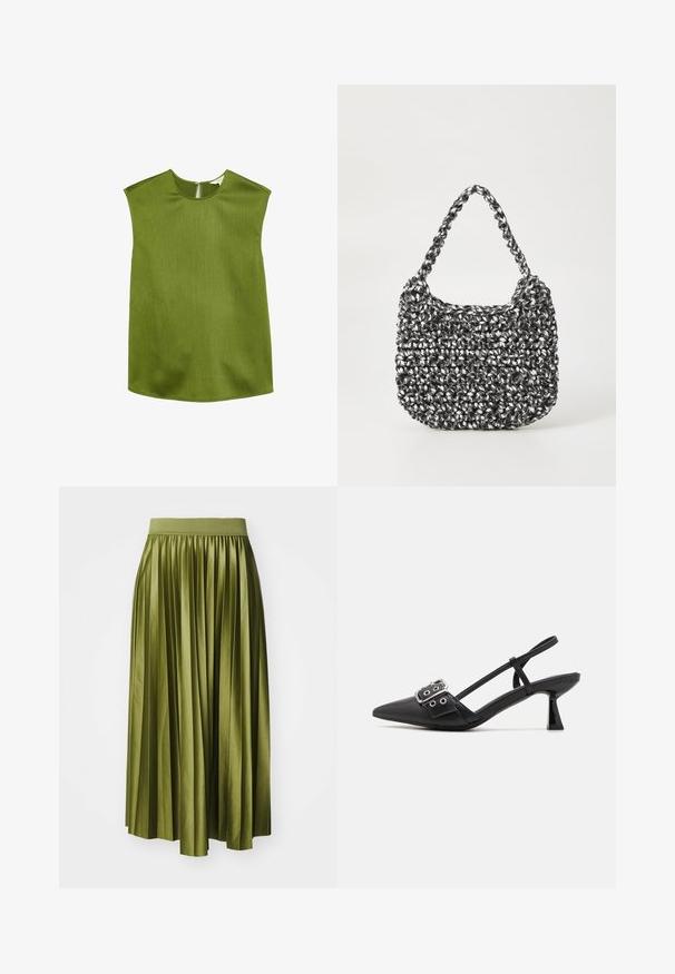 Groene, mouwloze top met een ronde halslijn en licht gestructureerde schouders. Heeft een textuurstof en een discrete ritssluiting aan de achterkant.; Plissé midi rok in olijfgroen satijn, met een brede elastische tailleband en een vloeiende silhoutte met verticale plooien.; Simmi London DALA - Klassieke pumps - black; Geweven handtas in zwart en wit met een ronde vorm, gestructureerd oppervlak en een gevlochten handvat. Geschikt voor dagelijks gebruik.