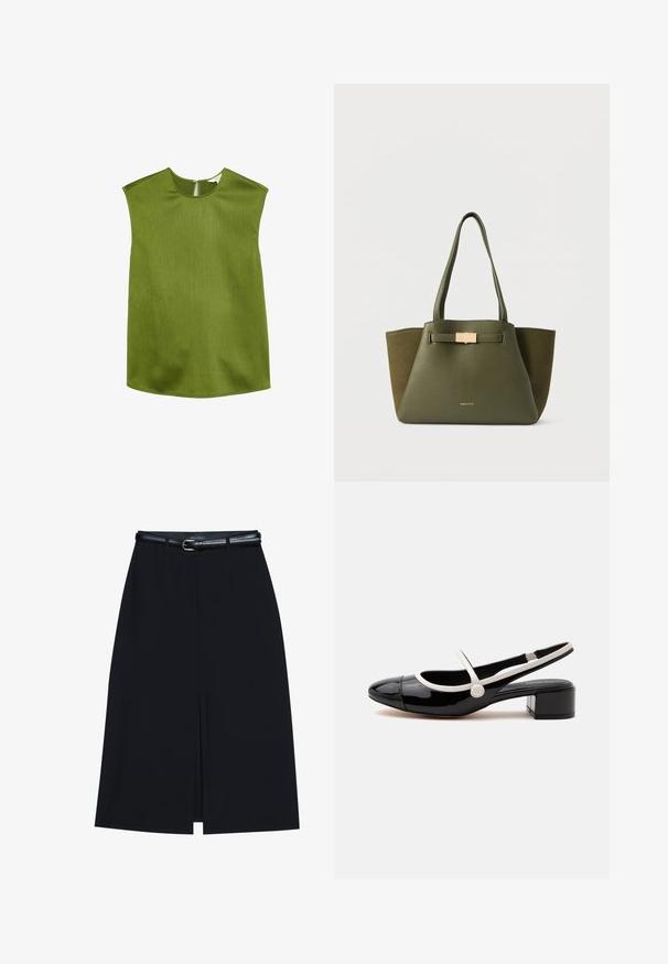 Groene, mouwloze top met een ronde halslijn en licht gestructureerde schouders. Heeft een textuurstof en een discrete ritssluiting aan de achterkant.; Zwarte knie-lange rok met een vooraanstaande split, gemaakt van gladde stof. Heeft een dunne zwarte riem met een zilveren gesp en riemlussen.; Zwarte lakleren slingback schoen met witte band en rand, lage blokhak en rond teenontwerp op witte achtergrond.; Olijfgroene boodschappentas met een gestructureerde vorm, voorzien van soepel leer en suède accenten, een gouden sluiting en twee schouderbanden.