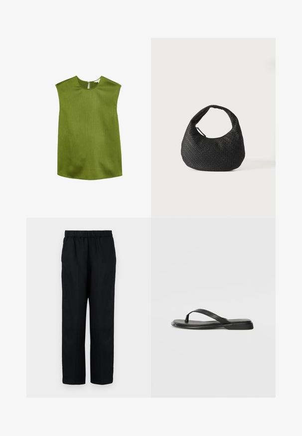 Groene, mouwloze top met een ronde halslijn en licht gestructureerde schouders. Heeft een textuurstof en een discrete ritssluiting aan de achterkant.; Zwarte, recht gesneden broek met elastische tailleband, gemaakt van een gladde stof, afgebeeld tegen een eenvoudige witte achtergrond.; Zwarte teenflip-flop van glad leer, met een dunne band en een platte zool met een minimalistisch profiel. Geen opvallende patronen of accenten.; Zwarte geweven leren handtas met een gebogen handvat en een maansikkelvormig lichaam, weergegeven op een eenvoudige witte achtergrond.