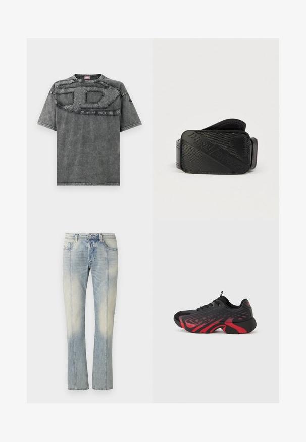 Grå denim T-shirt med korte ærmer, der har et tekstureret patch-design henover brystet og diskrete slidte detaljer på stoffet.; Lyseblå denimjeans med lige ben, dobbelt syning, forlommer og en falmet finish. Ingen synlig mærkning.; Sort og rød atletik sko med tekstureret overdel med mønsterdetaljer, snørelukning og tyk gummisål.; Sort bælte med et struktureret design og et fremtrædende præget logo. Materialet virker glat med en læderlignende finish.