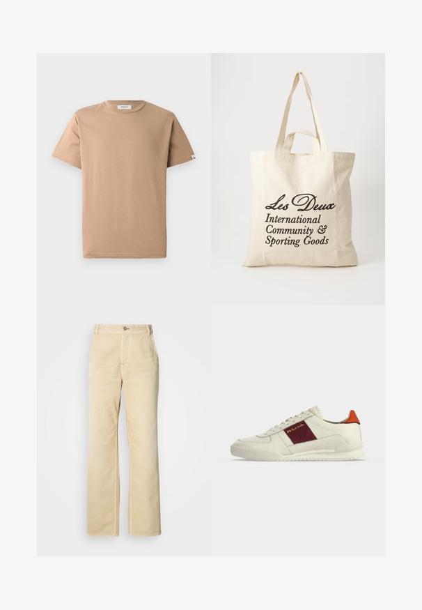 Beige Baumwoll-T-Shirt mit Rundhalsausschnitt, kurzen Ärmeln und einem dezenten, geprägten "REPLAY"-Logo auf der Vorderseite. Glenzige Textur, lockere Passform.; Khakifarbene Hose mit weitem Bein aus weicher Baumwolle, ausgestattet mit einem einzelnen Knopfverschluss, vorderen Taschen und sichtbaren Nähten entlang der Säume.; Weißer Sneaker mit niedrigem Schaft, burgunderfarbenem Seitenpaneel, goldenem Schriftzug „PS Paul Smith“, orangefarbener Fersenlasche und texturierter Sohle auf schlichtem Hintergrund.; Beige Baumwolltragetasche mit zwei stabilen Tragegriffen. Mit schwarzem Drucktext: "Les Deux International Community & Sporting Goods."