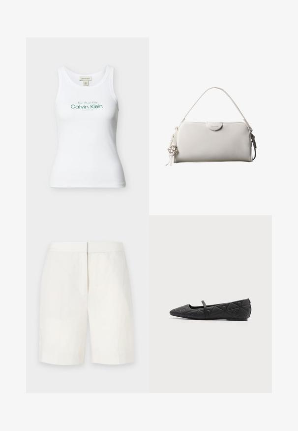 Débardeur Calvin Klein blanc côtelé sans manches avec texte vert « New York City Calvin Klein Established 1968 » sur le devant.; Shorts en coton blancs avec une coupe droite, un devant plat et une texture subtile. Ils présentent une taille et pas de poches visibles. Design simple.; Chaussure plate noire à bout pointu avec motifs géométriques matelassés et une fine bride sur le cou-de-pied sur fond uni.; Sac à main rectangulaire blanc Calvin Klein avec une seule poignée, design minimaliste et pampilles décoratives avec un charm métallique géométrique sur le côté.