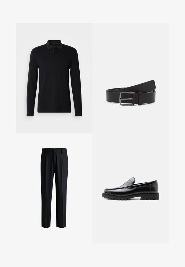 Schwarzes Langarm-Polohemd aus glattem Stoff. Verfügt über einen Kragen, eine Dreiknopfleiste und ein dezentes Logo auf der Brust.; Schwarze Hose aus glattem Stoff, mit geradem Bein-Design, Falten vorne und einem Knopfverschluss mit Gürtelschlaufen.; Schwarzer Lederloafer mit grober Gummisohle, genähter Oberseite und geprägtem Markennamen an der Ferse, seitlich auf weißem Hintergrund gezeigt.; Schwarzer Ledergürtel mit flachem Design, metallischer Schnalle und roten Nähten. Glatte Textur und abgerundete Enden.