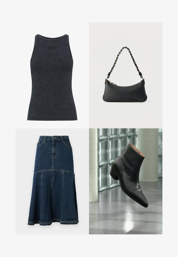 Tirante de canalé gris oscuro con cuello redondo y un diseño ajustado. Presenta un discreto detalle de logo en el pecho. Tejido suave y texturizado.; Falda de mezclilla en azul oscuro con forma acampanada, con cintura alta, bolsillos delanteros y un dobladillo sin rematar. Textura desgastada y detalles de costura.; Botín de piel negra con puntera puntiaguda y tacón cuadrado que levita sobre un suelo gris reflectante cerca de una pared de bloques de cristal.; Bolso de hombro de cuero negro con forma rectangular curvada, cadena dorada entrelazada en una correa negra trenzada y cierre superior con cremallera.