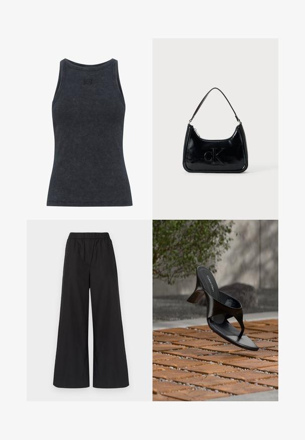 Dunkelgraues, geripptes Tanktop mit runder Ausschnittöffnung und figurbetontem Design. Verfügt über ein dezentes Logodetail auf der Brust. Weicher, strukturierter Stoff.; Schwarze, weit geschnittene Hosen aus leichtem Material, mit einem elastischen Bund und geradem Schnitt, ohne sichtbare Taschen oder Muster.; Schwarze Calvin Klein Riemchensandale mit Absatz, schwebend über einer gefliesten Außenfläche mit Grünpflanzen und einer Betonwand im Hintergrund.; Schwarze Handtasche aus patentiertem Leder mit einem gebogenen oberen Griff, Reißverschluss und geprägt "cK" Logo auf der Vorderseite. Glatte Textur, strukturierte Form.