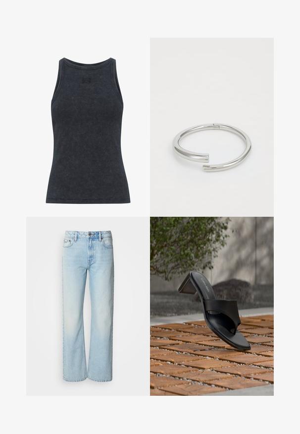 Tirante de canalé gris oscuro con cuello redondo y un diseño ajustado. Presenta un discreto detalle de logo en el pecho. Tejido suave y texturizado.; Vaqueros de pierna ancha azul claro confeccionados en denim, con un diseño clásico de cinco bolsillos y una sutil textura deslavada. La costura del denim es visible.; Sandalia de tacón negra de Calvin Klein con lazo en el dedo sobre un suelo de baldosas de madera al aire libre, cerca de un árbol y un muro de piedra.; Calvin Klein SPIRAL - Pulsera - silver-coloured