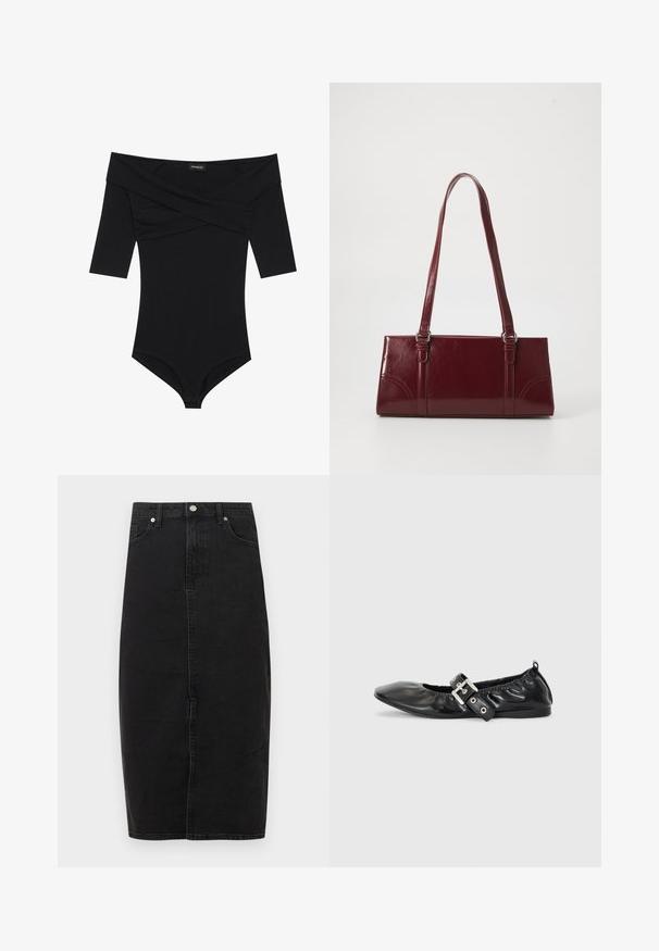 Mona de cuerpo negra con escote off-the-shoulder, mangas 3/4 y un diseño ajustado. Fabricada con un tejido suave y liso con costuras mínimas.; Falda de mezclilla negra con cintura alta, largo hasta la rodilla, costura frontal y diseño clásico de cinco bolsillos. Cuenta con botón metálico y textura sutil.; Zapato plano de piel negra con puntera afilada, detalle fruncido alrededor de la abertura y un acento de hebilla plateada en la correa ajustable.; Bolso burdeos hecho de material brillante, de forma rectangular, con dos asas para el hombro y sutiles acentos curvados en la parte frontal.