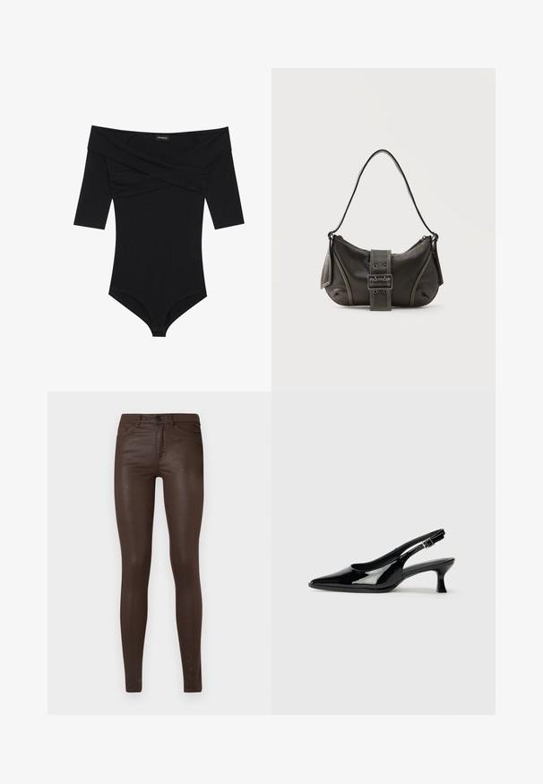 Mona de cuerpo negra con escote off-the-shoulder, mangas 3/4 y un diseño ajustado. Fabricada con un tejido suave y liso con costuras mínimas.; Jeans ajustados de color marrón oscuro con recubrimiento, con bolsillos frontales, pasadores para cinturón y cierre de botón sobre un fondo blanco liso.; Zapatos de charol negro tipo slingback con punta afilada y tacón bajo. Correa ajustable con hebilla en el tobillo.; Bolso de hombro de cuero negro con detalle de correa con hebilla, bordes curvos y costuras blancas en contraste sobre un fondo liso.