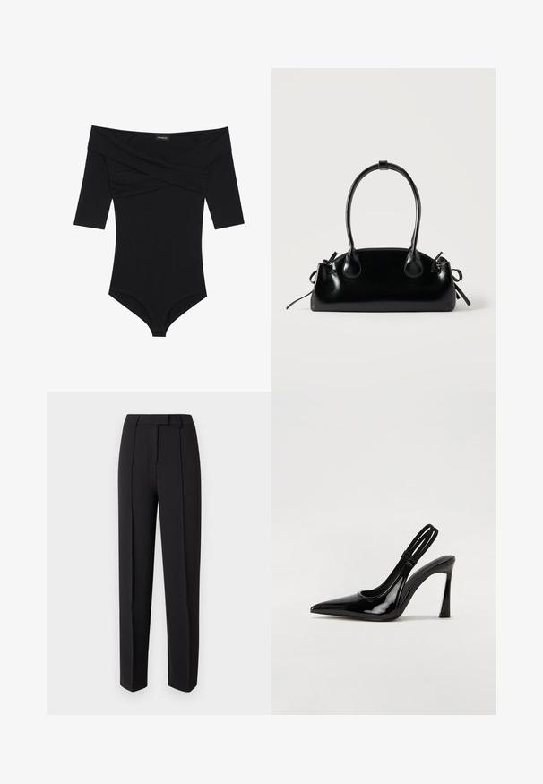 Zwarte body met een off-the-shoulder halslijn, 3/4 mouwen en een aansluitend ontwerp. Gemaakt van zachte, gladde stof met minimale naden.; Zwarte op maat gemaakte broek met een gladde textuur, voorzien van een rechte pasvorm, riemlussen en twee plooien aan de voorkant voor extra detail.; Zwarte gepatineerde leren slingback pump met puntige neus, slanke hoge hak en dubbele elastische band voor een veilige pasvorm. Gladde, glanzende oppervlakte.; Kleine zwarte glanzende handtas met twee lange hengsels en zijkant trekkoord details op een effen lichte achtergrond.