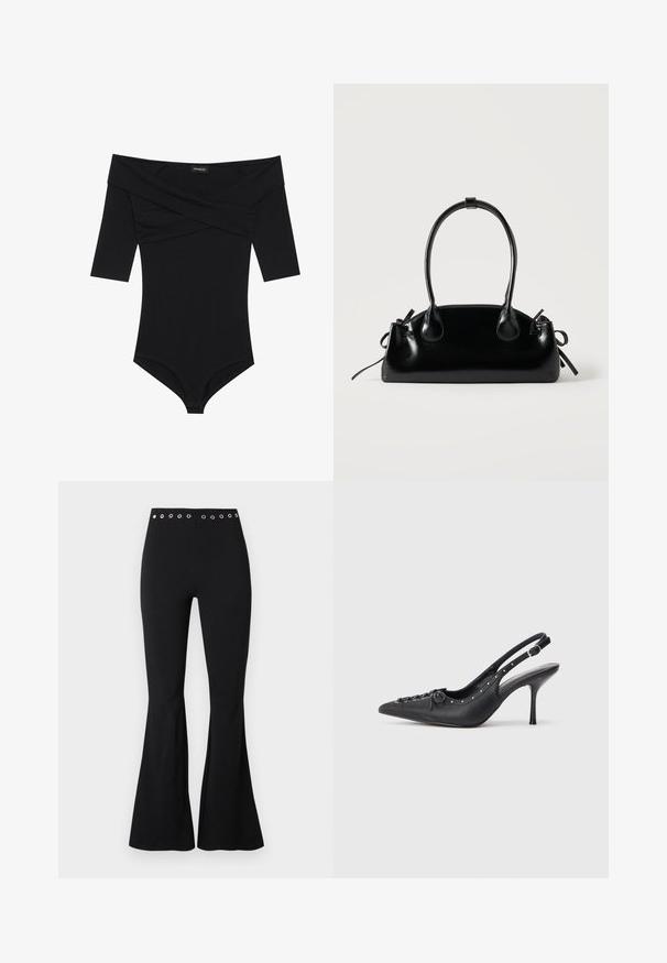 Mona de cuerpo negra con escote off-the-shoulder, mangas 3/4 y un diseño ajustado. Fabricada con un tejido suave y liso con costuras mínimas.; Pantalones ajustados negros de talle alto con ojales metálicos en la cintura y piernas acampanadas.; Sandal de tacón stiletto negro de cuero con punta afilada, correa lateral con hebilla, tachuelas a lo largo del borde y cordones decorativos en la parte delantera.; Pequeño bolso negro brillante con dos asas largas y detalles de cordón lateral sobre un fondo claro liso.