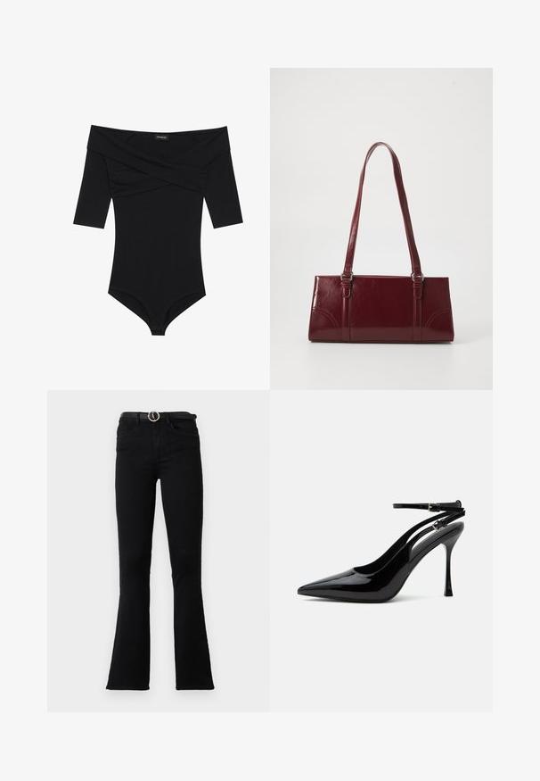Mona de cuerpo negra con escote off-the-shoulder, mangas 3/4 y un diseño ajustado. Fabricada con un tejido suave y liso con costuras mínimas.; Pantalones vaqueros acampanados negros de mezclilla, con cintura ajustada, bolsillos frontales y cinturón con hebilla plateada. La tela tiene una textura suave.; Zapato destalonado de piel de charol negra con tacón alto, punta puntiaguda y doble tirante en el tobillo con hebillas plateadas.; Bolso burdeos hecho de material brillante, de forma rectangular, con dos asas para el hombro y sutiles acentos curvados en la parte frontal.