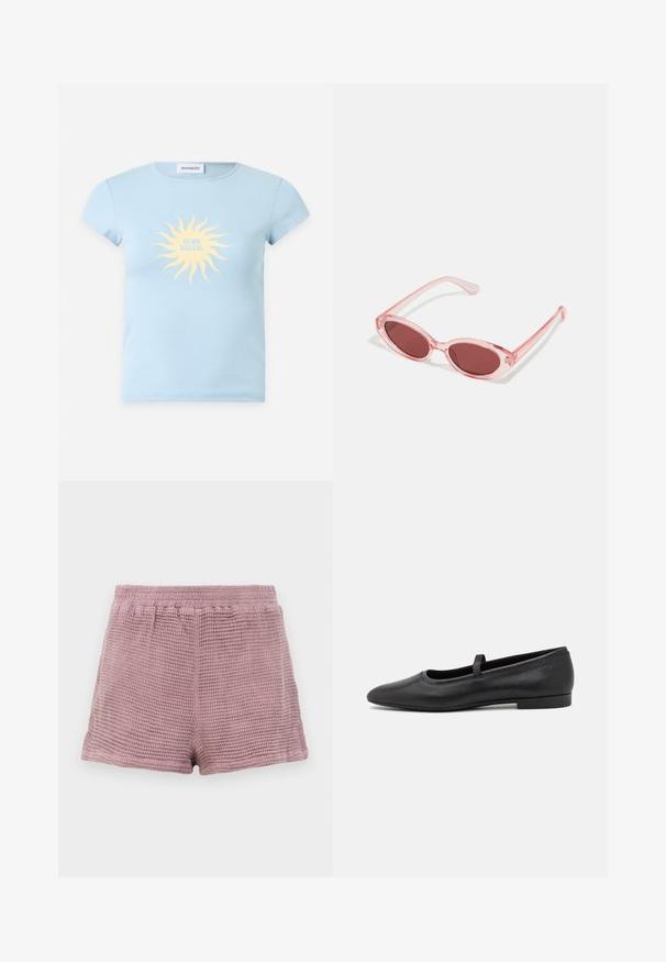 T-shirt bleu clair à manches courtes avec un graphisme de soleil jaune et le texte "CLUB SOLEIL" imprimé au centre devant.; Shorts en tissu gaufré, de couleur rose clair, avec une taille élastique et une coupe décontractée. Bords ourlés sans poches.; Ballerines noires en cuir lisse, avec un bout rond, une petite sangle sur le dessus et un design minimaliste.; Lunettes de soleil transparentes roses avec des verres ovales, teintés d'un rouge foncé, et des branches fines, présentant une finition lisse et des détails subtils sur la monture.