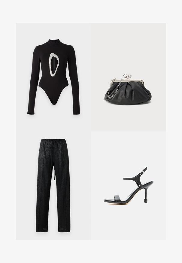 Bodysuit negro de manga larga con cuello alto, que presenta un gran corte ovalado brillante en la parte delantera. Tela suave con piernas de corte alto.; Pantalones negros ligeros con una superficie texturada y brillante. Presentan una cinturilla elástica con cordón y un corte holgado.; Sandalia negra de cuero con tacón alto, tiras delgadas, puntera abierta y hebilla ajustable en el tobillo, presentada sobre un fondo blanco liso.; Clutch de cuero negro con textura arrugada, marco de metal en tono plateado, cierre de beso y cadena para colgar. Superficie suave y lisa.
