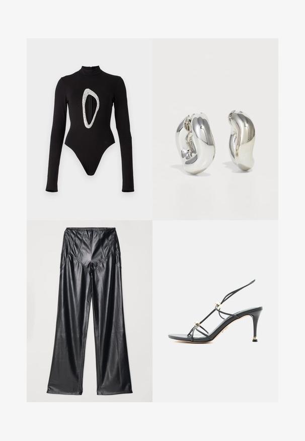 Bodysuit negro de manga larga con cuello alto, que presenta un gran corte ovalado brillante en la parte delantera. Tela suave con piernas de corte alto.; Pantalones de imitación de cuero negro con una textura suave, perneras anchas y detalles cosidos a lo largo de la cintura y los costados. Presentación en posición plana.; Sandalia de tacón alto negra con tiras delgadas y detalles de cuentas doradas en un tacón de aguja puntiagudo.; Pendientes escultóricos de plata con formas suaves y curvas y superficies reflectantes. Presentan un diseño de aro cerrado y una forma orgánica distintiva.