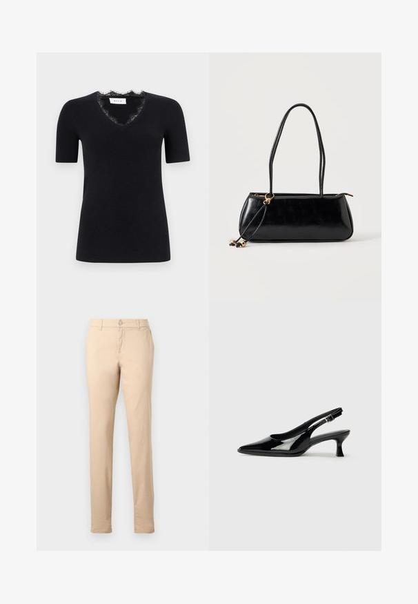 Haut en maille noir à manches courtes avec encolure en V bordée d'une délicate dentelle noire, silhouette ajustée, et étiquette de marque à l'intérieur du col.; Pantalon beige coupe ajustée avec passants pour ceinture, fermeture à bouton à l'avant et poches latérales, présenté sur un fond clair uni.; Escarpins en cuir verni noir avec un bout pointu et un petit talon carré. Sangle réglable à la cheville avec boucle.; Sac à main rectangulaire noir avec deux longues bandoulières, détail anneau doré et fermeture éclair sur un fond clair uni.