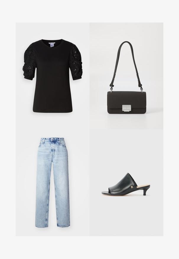 Schwarzes T-Shirt mit kurzen Ärmeln, solidem Körper und strukturierten Spitzenpuffärmeln, mit Rundhalsausschnitt und normaler Passform.; Hellblaue High-Waist-Jeans mit lockerer Passform, geradem Bein, fünf Taschen und klassischem Knopf- und Reißverschluss.; Schwarze Leder-Pantoletten mit offenen Zehen und niedrigem Absatz. Sie verfügen über eine glatte Oberfläche und ein goldenes Logo-Detail an der Seite.; Schwarze Lederhandtasche mit einer strukturierten rechteckigen Form. Auffällige silberne Logo-Beschläge und ein schlanker, verstellbarer Trageriemen. Strukturierten Oberfläche.