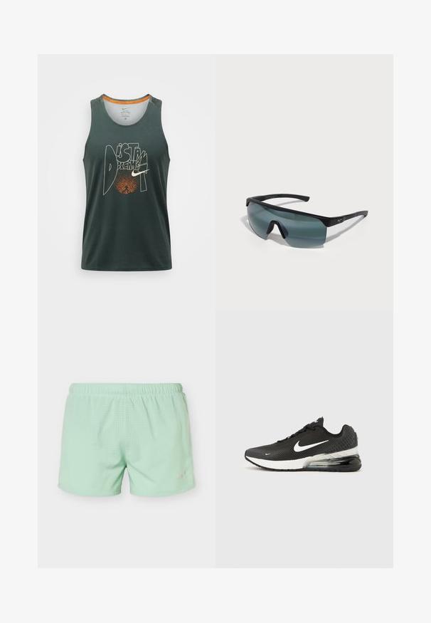 Débardeur de course Nike vert foncé sans manches avec le texte « DISTANT DREAMS » et un motif de cercle pointillé orange sur le devant.; Short de sport vert clair avec ceinture élastique et petites perforations pour la respirabilité, logo Nike sur la jambe inférieure droite.; Baskets Nike Air Max 270 noires avec logo swoosh blanc, semelle intermédiaire blanche et coussin d'air visible au talon sur fond uni.; Lunettes de sport avec une monture noire, de grandes verres gris et un design enveloppant. Présente un pont nasal proéminent et des branches texturées.