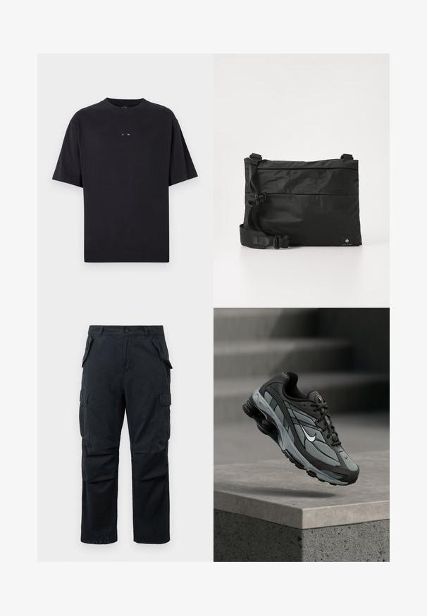 Oakley RISE TEE - Základné tričko - blackout; Čierne cargo nohavice vyrobené z odolnej tkaniny, s viacerými postrannými vreckami, rovnými nohavicami a zapínaním na gombík v páse.; Šedá a čierna športová teniska s panelmi z sieťoviny a hrubou podrážkou, umiestnená vo vzduchu nad betónovým obrubníkom a schodmi v pozadí.; Čierna nylonová taška cez rameno s nastaviteľným popruhom, plochým dizajnom a bočnou nálepkou s logom. Hladká textúra a minimalistický štýl.