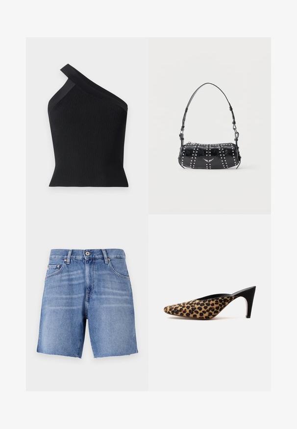 Iro FETHY - Top - black; Lyseblå denimshorts med lige snit, rå kant, fem lommer og metalknaplukning. Stoffet har en glat tekstur med let falming.; Mule sko med spids tå med leopardprint øverdel og sort midhøj stilet hæl på ensfarvet hvid baggrund.; Sort skuldertaske i laklæder med sølvnitter i lodrette rækker og et lille sølvfugleemblem midt på fronten.