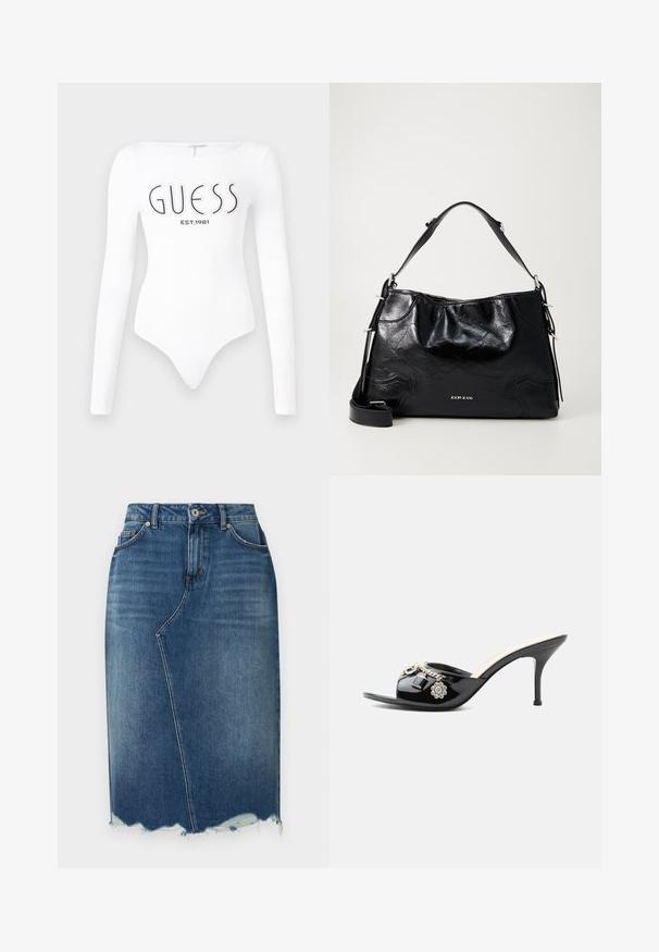 Biely dlhý rukáv body s okrúhlym výstrihom. Na prednej strane sa nachádza čierne logo "GUESS" a nápis "EST.1981". Hladká textúra.; Modrá rifľová sukňa ceruzkového strihu s asymetrickým predným švom, ošúchaným lemom, náprsnými pútkami a prednými vreckami.; Čierne lakované kožené mule na vysokom opätku s otvorenou špičkou a ozdobnými striebornými príveskami vrátane kvetu a visacieho zámku na prednom remienku.; Čierna lesklá kožená kabelka cez rameno s krátkou rukoväťou, nastaviteľným dlhším popruhom a strieborným logom značky "JOOP! JEANS" na prednej strane.
