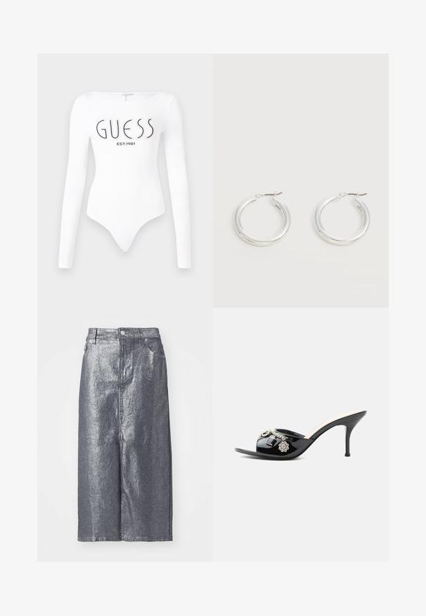 Hvid langærmet bodystocking med rund halsudskæring. Har "GUESS" logo og "EST.1981" trykt i sort på forsiden. Glat tekstur.; Sølvmetallic denimnederdel, knælængde, med struktureret form, frontknaplukning og bæltestropper. Glat tekstur med minimalistisk design.; Sort laklæder højt hælet mule med åben tå og dekorative sølvcharme inklusive en blomst og hængelås på frontstroppen.; Par mellemstore skinnende sølv hoops øreringe med tynde metal spænder på en lys neutral baggrund.