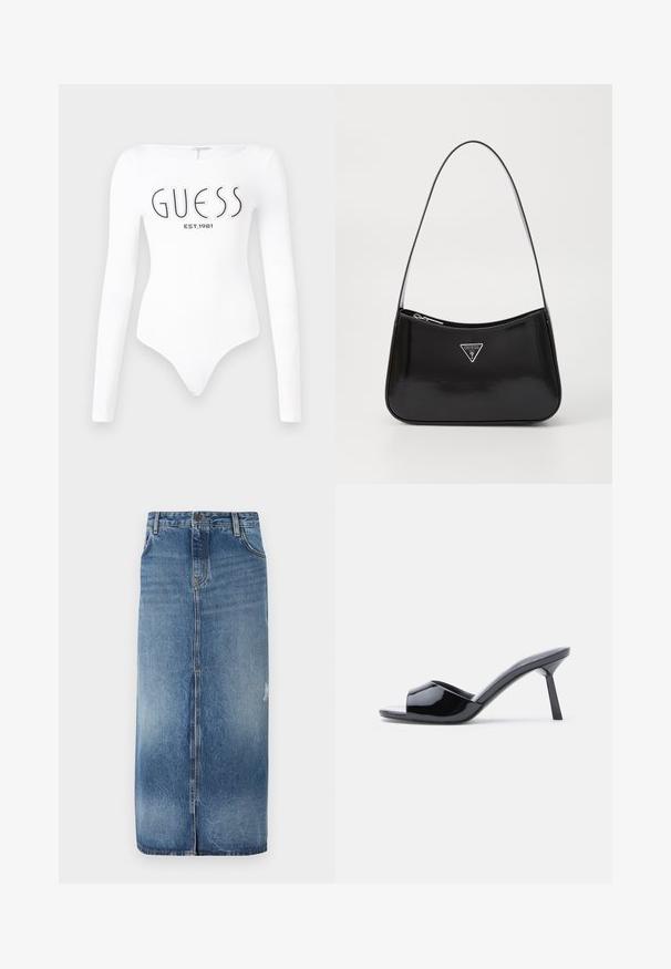 Hvid langærmet bodystocking med rund halsudskæring. Har "GUESS" logo og "EST.1981" trykt i sort på forsiden. Glat tekstur.; Denim midi nederdel med en lys til mørkeblå gradient, frontlukning og subtile slidte detaljer nær sømmen. Råkant i bunden.; Sorte laklæder sandaletter med åben tå, der har et buet overdesign og en spids stilethæl. Glat, blank finish.; Sort patenteret læder skuldertaske med en buet form, prydet med et sølvfarvet trekantet logo og en lynlås-lukning. Glat tekstur og slank rem.