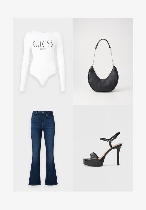 Hvid langærmet bodystocking med rund halsudskæring. Har "GUESS" logo og "EST.1981" trykt i sort på forsiden. Glat tekstur.; Høj talje flared jeans i mørk denim. Har en frontlukning med knap og lynlås, bæltestropper og en minimalt slidtegn.; Sorte platformsandaler med høj stiletthæl, der har en glat læderoverdel, peep toe-design og en justerbar ankelrem med metalbeslag.; Sort læder skuldertaske med en buet form, pyntet med en guldkæde og en logo-plakette. Indeholder en lynlåslukning og en struktureret overflade.