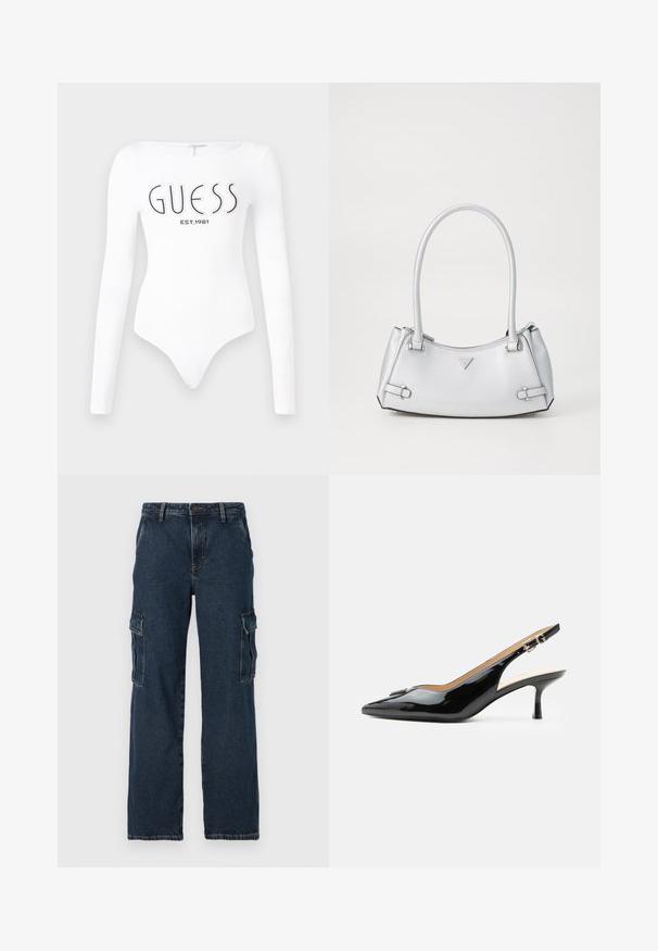 Hvid langærmet bodystocking med rund halsudskæring. Har "GUESS" logo og "EST.1981" trykt i sort på forsiden. Glat tekstur.; Cargo-bukser i mørkeblå denim, med lige ben-design, to sidelommer og kontrastsyninger. Holdbart stof med en klassisk finish.; Sort patentlæder slingback hæl med spids tå, lille kitten hæl og sølvspænde på en ensartet hvid baggrund.; Sølv håndtaske med et struktureret design, der har to håndtag, en skinnende overflade, accenthardware og et trekantet logo på fronten.