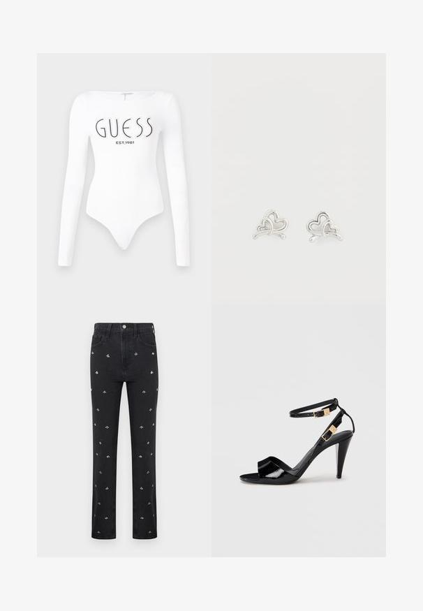 Biely dlhý rukáv body s okrúhlym výstrihom. Na prednej strane sa nachádza čierne logo "GUESS" a nápis "EST.1981". Hladká textúra.; Čierne džínsy s rovnými nohavicami, na prednej strane rovnomerne rozmiestnené malé včelie vzory vyšívané striebornou niťou.; Čierne lakované sandále na vysokom opätku s dvojitými remienkami na členku a zlatými prackami, otvorená špička a štíhly tvarovaný opätok na neutrálnom pozadí.; Strieborné náušnice v tvare srdca s prekrytými motívmi sŕdc, s hladkým povrchom a zakrivenými detailmi.