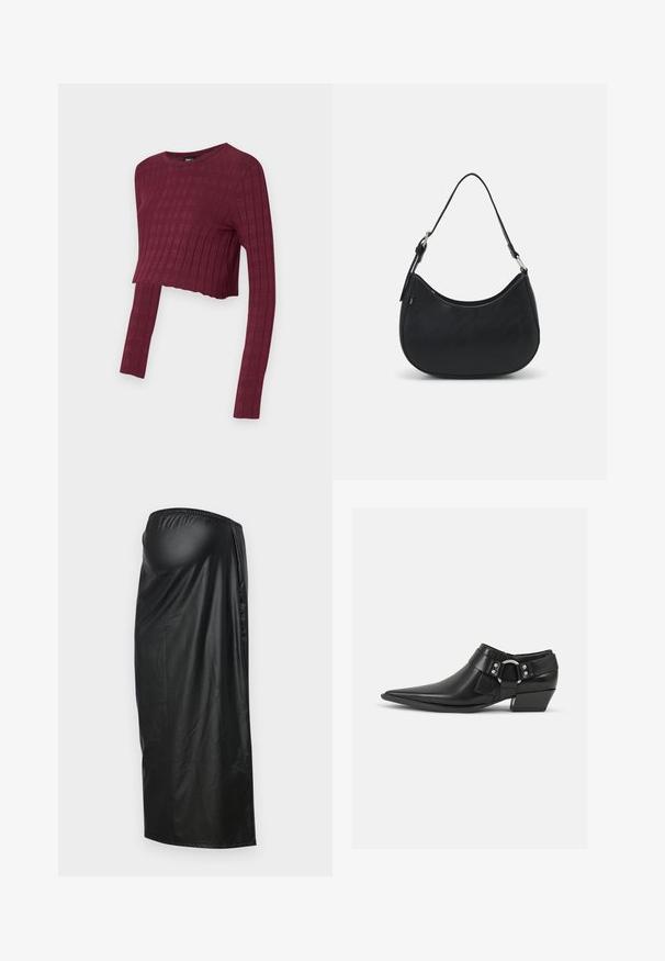 Top corto de manga larga burdeos con textura acanalada. Cuello redondo y estilo ajustado, con mangas alargadas. Tejido suave y elástico.; Falda negra, brillante, de longitud hasta la rodilla, hecha de un tejido sintético brillante con una cinturilla elástica y costura lateral para una silueta suave.; Botas de cuero negras hasta el tobillo con puntera puntiaguda, que presentan una correa de cuero en la parte delantera y un detalle de hebilla plateada, además de un tacón bajo y cuadrado.; Bolso hobo negro hecho de cuero suave con una silueta curva, que cuenta con una sola correa ajustable y detalles de diseño minimalistas.