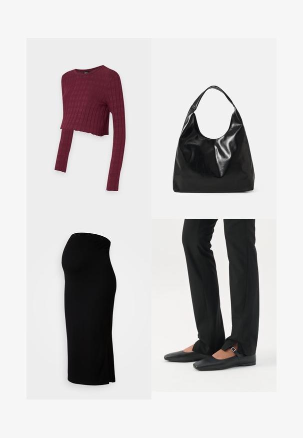 Burgunderfarbener, kurz geschnittener Langarm-Top mit gerippter Textur. Rundhalsausschnitt und figurbetontem Schnitt, mit verlängerten Ärmeln. Weicher, elastischer Stoff.; MAMALICIOUS MLLIF MIDI SKIRT - Bleistiftrock - black; Beine in schwarzen schmalen Hosen mit vorderen Schlitzen am Saum, kombiniert mit schwarzen flachen Mary-Jane-Schuhen mit kleinem Schnallenriemen.; Schwarze Leder-Hobo-Tasche mit einer weichen, glänzenden Textur und einem runden, offenen Oberteil. Verfügt über einen breiten, gebogenen Tragegurt. Keine sichtbaren Beschläge.