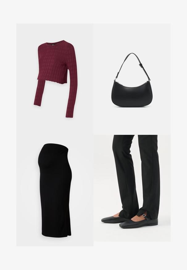 Top corto de manga larga burdeos con textura acanalada. Cuello redondo y estilo ajustado, con mangas alargadas. Tejido suave y elástico.; MAMALICIOUS MLLIF MIDI SKIRT - Falda de tubo - black; Piernas con pantalones ajustados negros con aberturas frontales en el dobladillo, combinados con zapatos planos Mary Jane negros con una pequeña correa con hebilla.; Pieces PCALUANA SHOULDER BAG - Bolso de mano - black