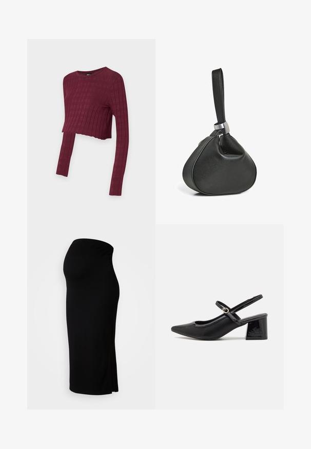 Bordeaux cropped langemouwtop met een geribbelde textuur. Ronde hals en aansluitende stijl, met verlengde mouwen. Zacht, rekbaar materiaal.; MAMALICIOUS MLLIF MIDI SKIRT - Kokerrok - black; Zwarte gepolijste leren slingback hakken met een spitse neus, een ronde uitsnede en een blokhak. Voorzien van een gouden gespaccent.; Zwarte leren polstasje met een zachte driehoekige vorm en een brede band bevestigd met een zilveren metalen lus.