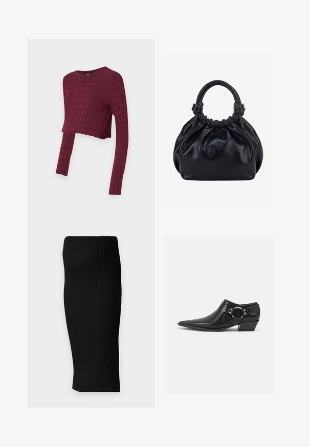 Bordeaux cropped langemouwtop met een geribbelde textuur. Ronde hals en aansluitende stijl, met verlengde mouwen. Zacht, rekbaar materiaal.; Zwarte geribbelde gebreide midi-jurk met een aansluitende pasvorm en een brede tailleband. Glad textuur, geen zichtbare patronen of accenten.; Zwarte leren enkellaarzen met een spitse neus, voorzien van een leren band aan de voorkant en een zilveren gesp detail, en een lage, blokhak.; Zwarte zachte leren handtas met geplooide bovenkant en twee dikke handvatten die in knopen zijn gestrikt tegen een effen lichte achtergrond.