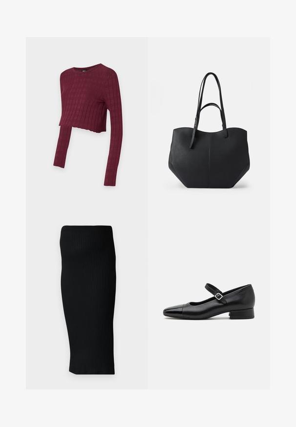 Bordeaux cropped langemouwtop met een geribbelde textuur. Ronde hals en aansluitende stijl, met verlengde mouwen. Zacht, rekbaar materiaal.; Zwarte geribbelde gebreide midi-jurk met een aansluitende pasvorm en een brede tailleband. Glad textuur, geen zichtbare patronen of accenten.; Zwarte leren Mary Jane schoenen met een gepatenteerde neus, verstelbare enkelband en lage blokhak. Een gladde textuur en een elegante uitstraling.; Zwarte tote bag van glad, textuurleer, met een ronde bovenkant en dubbele lange handvatten. Heeft een hoekige basis voor stabiliteit en een gestructureerd ontwerp.