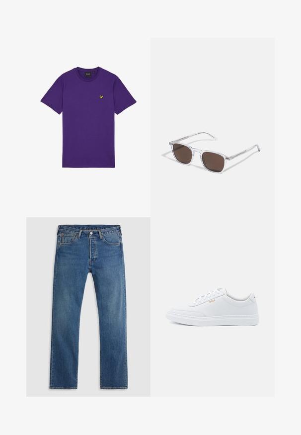 Paarse katoenen t-shirt met korte mouwen, ronde hals en een klein geel vogellogo op de linkerborst. Simpel en ongekleed ontwerp.; Blauwe rechte denim jeans met vijf zakken, riemlussen en een sluiting met een knoop en ritssluiting aan de voorkant, op een effen achtergrond.; Witte leren sneakers met een gladde textuur, ronde neus en tonale stiksels. Voorzien van blauwe veters en een gouden logo op de zijkant.; Heldere plastic zonnebril met rechthoekige bruine lenzen, voorzien van dunne, doorzichtige veren en metalen accenten op de sleep.
