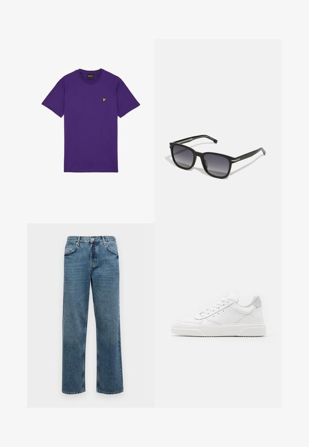 Paarse katoenen t-shirt met korte mouwen, ronde hals en een klein geel vogellogo op de linkerborst. Simpel en ongekleed ontwerp.; Blauwe denim jeans met een rechte snit, voorzien van vijf zakken, een knoop- en ritssluiting, en zichtbare stikseldetails.; Witte leren sneakers met een gladde afwerking, ronde neus, platte veters en een gestructureerde zool. Grijze suède accent bij de hiel.; BOSS Zonnebril - black