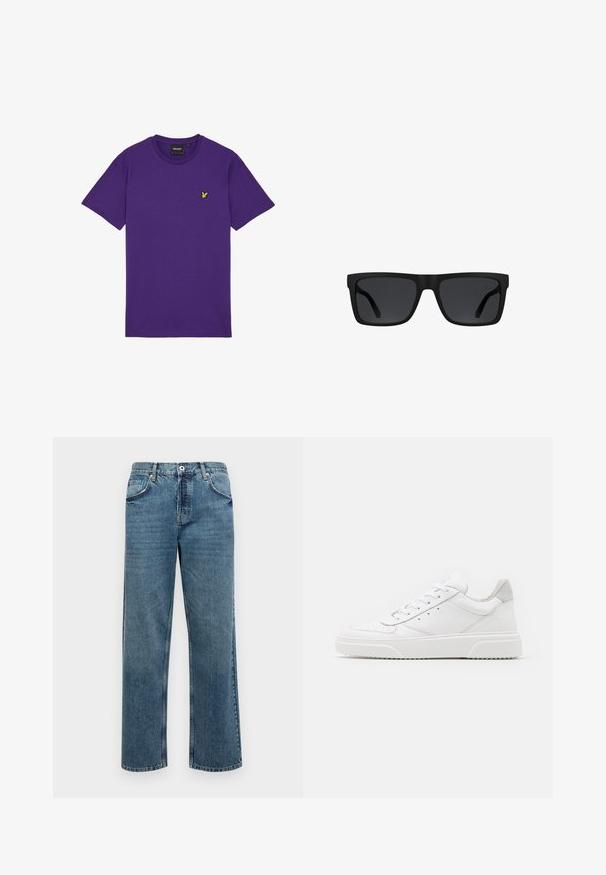 T-shirt en coton violet à manches courtes, col rond, avec un petit logo d'oiseau jaune sur le côté gauche de la poitrine. Design simple et épuré.; Jean en denim bleu à coupe droite, doté de cinq poches, d'une fermeture par bouton et zip, et de détails de couture visibles.; Des baskets en cuir blanc avec une finition lisse, un bout rond, des lacets plats et une semelle texturée. Accents en daim gris au niveau du talon.; Lunettes de soleil rectangulaires noires avec des montures épaisses et des verres teintés foncés sur fond blanc.