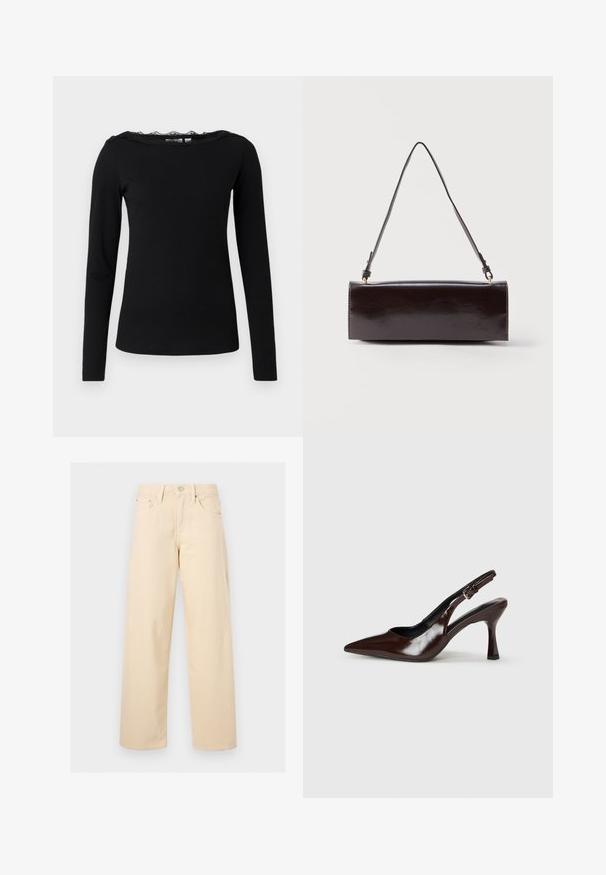 Sort langærmet top lavet af ribbet stof. Har en scalloped blonde halsudskæring. Enkel, tætsiddende silhuet med lige afslutning.; Beige bukser med lige ben med frontknap og lynlås, bæltestropper og fem-lommer design på en ensfarvet lys baggrund.; Brune patenterede læderslingback-sandaletter med spids tå, en tynd hæl og justerbar rem med en lille spænde.; Rektangulær sort læderhåndtaske med en enkelt lang rem og blank finish, vist mod en ensfarvet hvid baggrund.