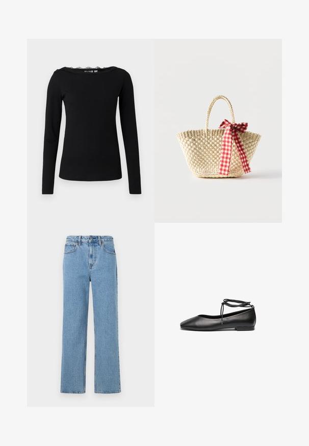 Schwarzes Langarmoberteil aus geripptem Stoff. Mit einem gewellten Spitzenkragen. Schlichte, figurschmeichelnde Silhouette mit geradem Saum.; Hellblaue, gerade geschnittene Jeans aus Denim mit fünf Taschen, Knopfverschluss und Gürtelschlaufen, dargestellt vor weißem Hintergrund.; Schwarze Leder-Ballerinas mit spitzem Zehenbereich, flachem Absatz und einer gewickelten Schnürung am Knöchel. Glatte Oberfläche, minimalistisches Design.; Geflochtene Strohtasche mit geflochtenen Griffen und einer rot-weiß karierten Schleife, die an einer Seite gebunden ist.