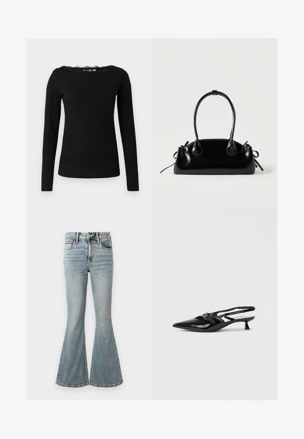 Schwarzes Langarmoberteil aus geripptem Stoff. Mit einem gewellten Spitzenkragen. Schlichte, figurschmeichelnde Silhouette mit geradem Saum.; Hellblaue, hoch taillierte Jeans mit ausgestelltem Bein, Frontknopf, Reißverschluss und Fünf-Taschen-Design auf weißem Hintergrund.; Schwarzer Slingback-Schuh aus Lackleder mit spitzer Schuhspitze, kleinem Blockabsatz und verstellbarem Riemen mit Ausschnittdetails und Logoakzenten.; Kleine schwarze glänzende Handtasche mit zwei langen Griffen und seitlichen Kordelzug-Details vor einfachem hellem Hintergrund.