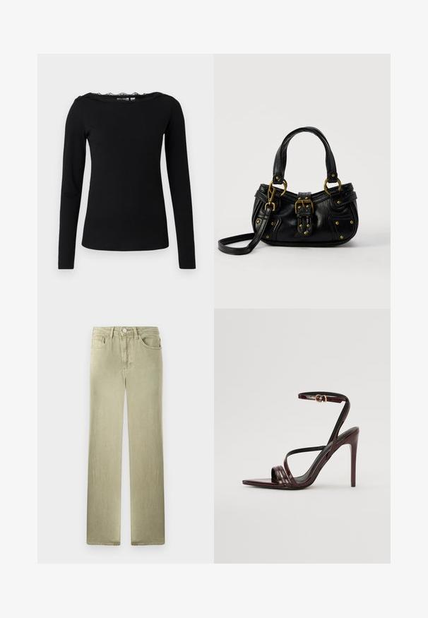 Sort langærmet top lavet af ribbet stof. Har en scalloped blonde halsudskæring. Enkel, tætsiddende silhuet med lige afslutning.; Beige straight-leg jeans med for- og baglommer, knap- og lynlås-lukning, vist mod en hvid baggrund.; Bordeaux laker læder højhælede sandal med ankelrem, spids tå og tre vandrette remme over foden. Detalje med spænde i guldtonet.; Sort læderhåndtaske med guldbælge og nitdetaljer, korte håndtag og en justerbar skulderrem på en ensfarvet hvid baggrund.