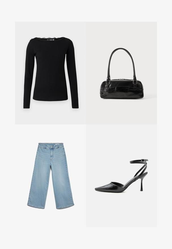 Musthave musta pikakäistee särk ribakanga materjalist. Omab lainelist pitsist kaelust. Lihtne, keha rõhutav siluett sirge lõhega.; Helesinised laialehilised teksapüksid vööaasade, esiknapi ja tõmblukuga, nähtavate taskuteta.; Mustad terava otsaga kõrged kontsakingad peente pahkluu rihmade ja hõbedase pandlaga ühevärvilise heleda taustal.; Must must beebkott, millel on ristkülikuline kuju, ühekordne tahke käepide, hõbedased detailid ja lukuga sulgemine. Sile tekstuur.